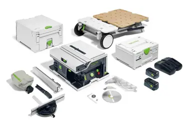 Akumulátorová stolová okružná píla Festool CSC SYS 50 EBI-Set + stôl + 2x 5,0Ah; 577379